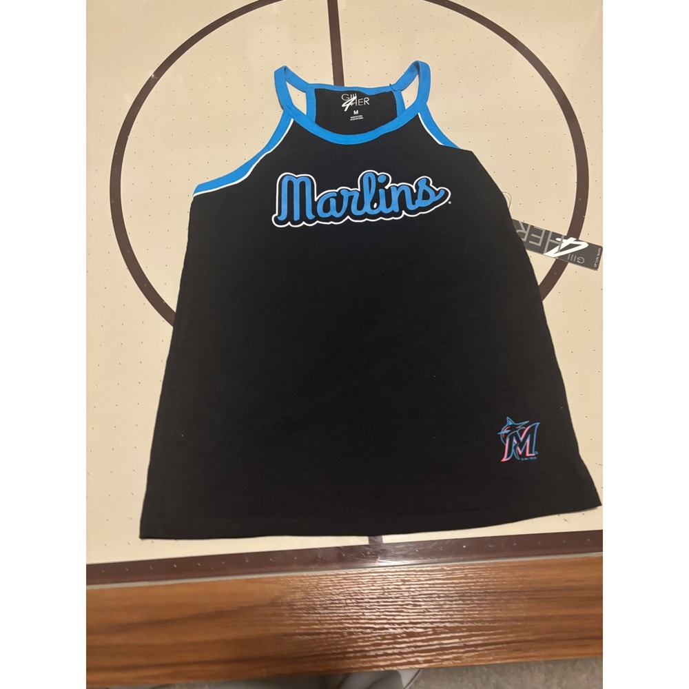 1157G-III 4Her Miami Marlins MLB Curveball Tank Top Black Blue Womens Medium NWT